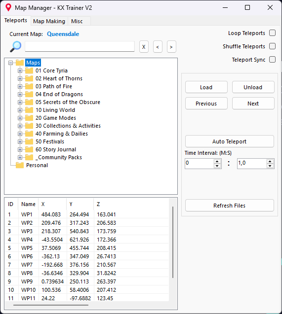 KX Trainer navigation menu showing detailed map locations and options