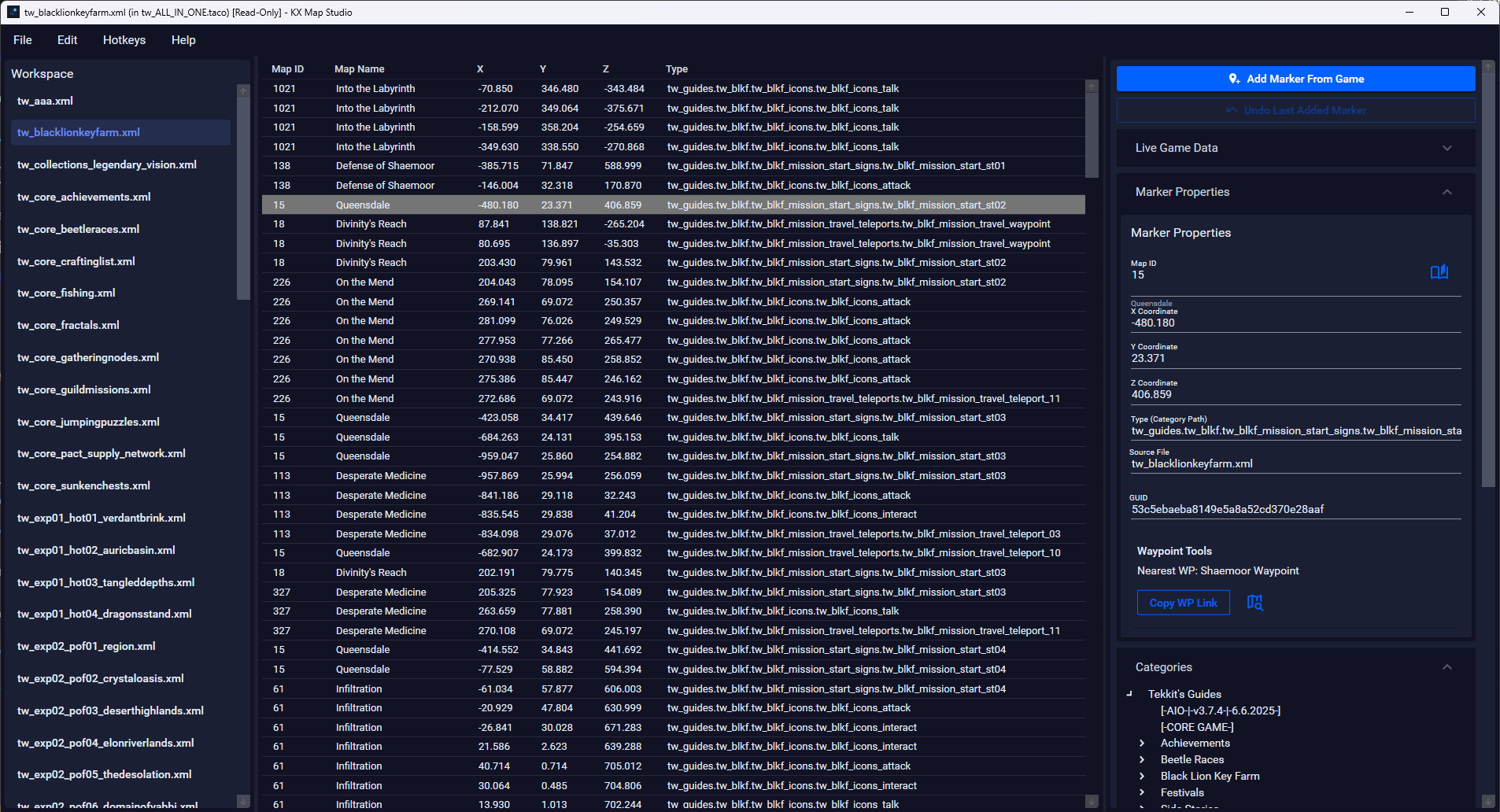 KX Map Studio Pro interface showing a marker pack being edited